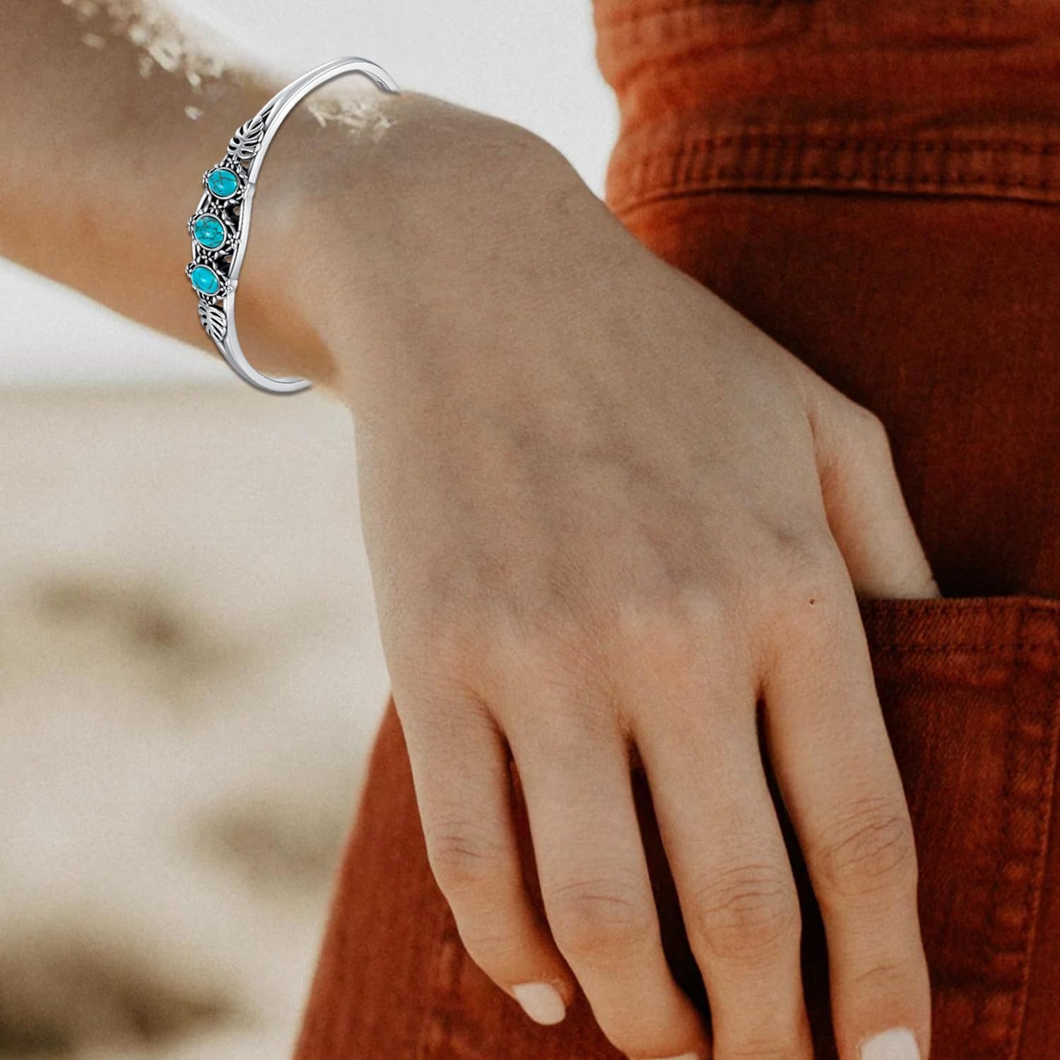 Genuine 3 Turquoise Stone Leaf Bracelet, Sterling Silver Native American Boho Adjustable Western Bangle Cuff Jewelry for Women, Fit for 6.5 7 7.5 Inches - Image 6