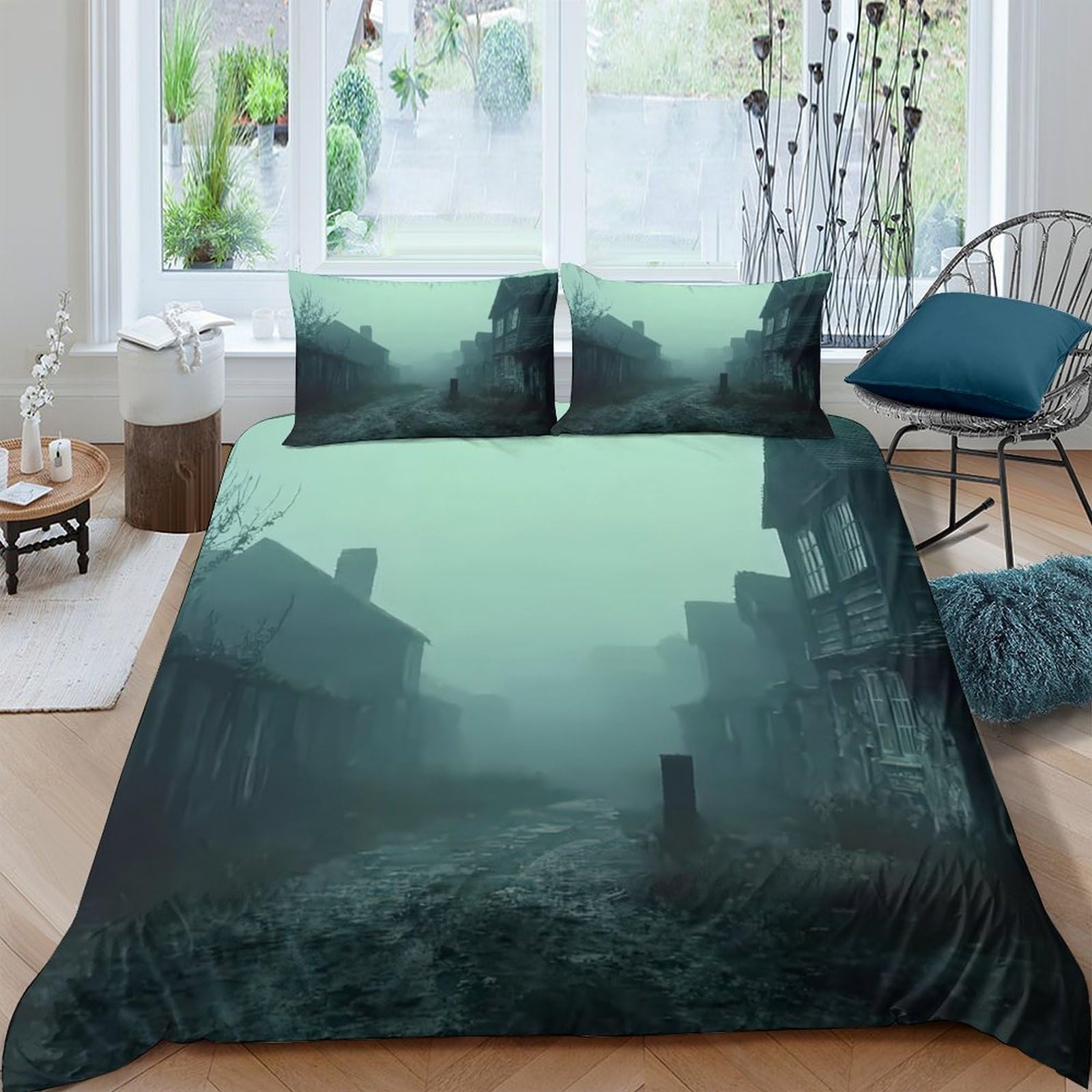 Ctjqhvkz Style-9 3D Printed Misty Forest Fitted Sheet Microfiber Soft Green Foggy Village Mattress Cover Bedroom Home Decor Single（135X200cm）
