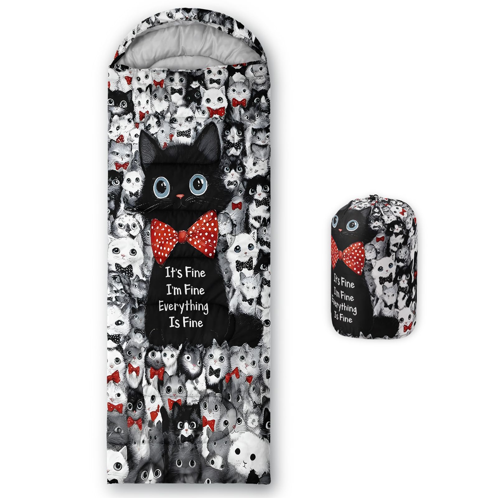 QOOMO Cute Cartoon Cat Waterproof Sleeping Bags for Adults & Kids,Printed Camping Sleeping Bags, 3 Season Warm & Cool Weather,Lightweight,Traveling,and Outdoors,Camping Gear Equipment,31x90inch