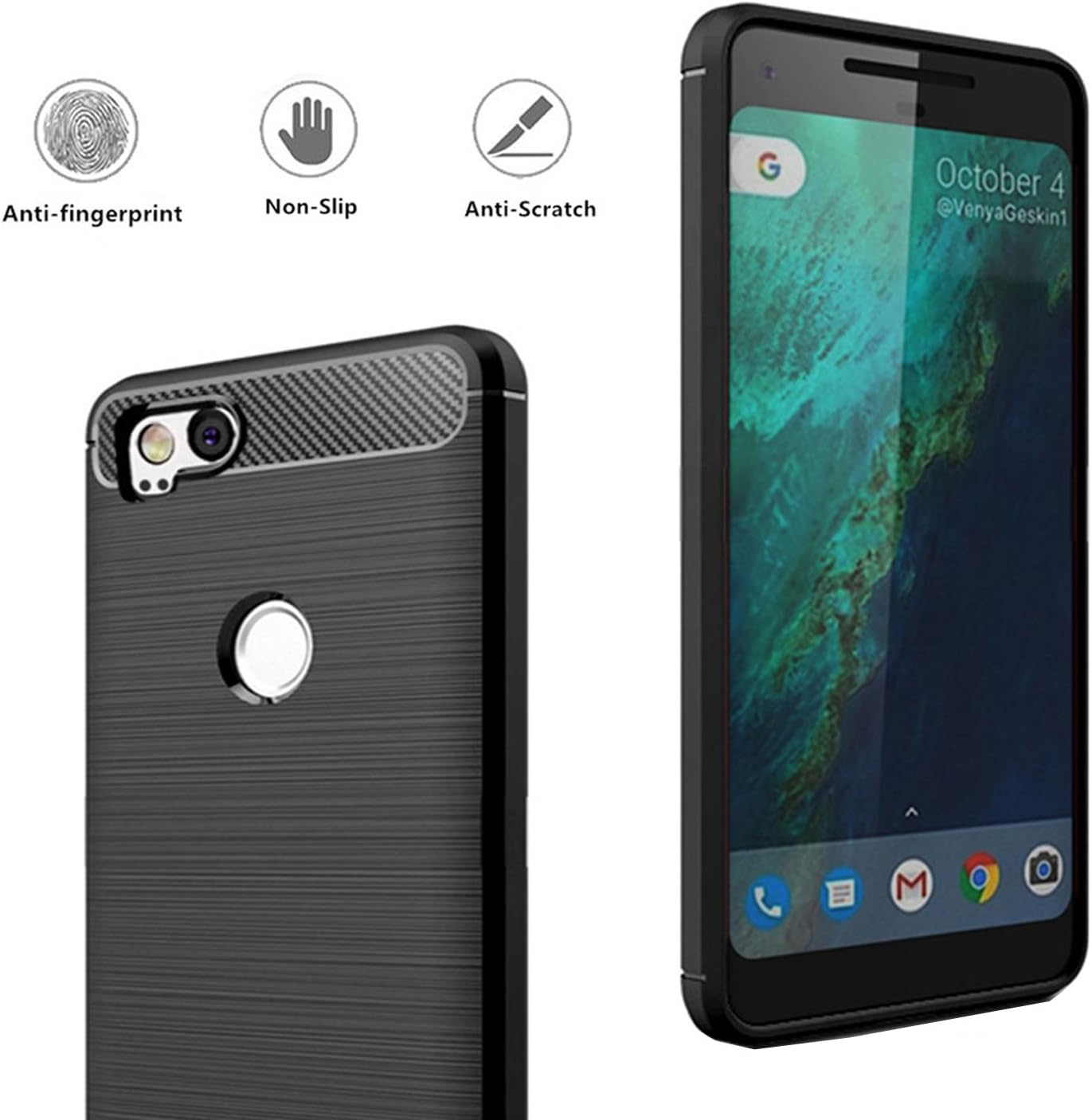 Google Pixel 2 Case,Google Pixel2 Case, Dretal Carbon Fiber Shock Resistant Brushed Texture Soft TPU Phone case Anti-Fingerprint Flexible Full-Body Protective Cover for Google Pixel2 (Black)