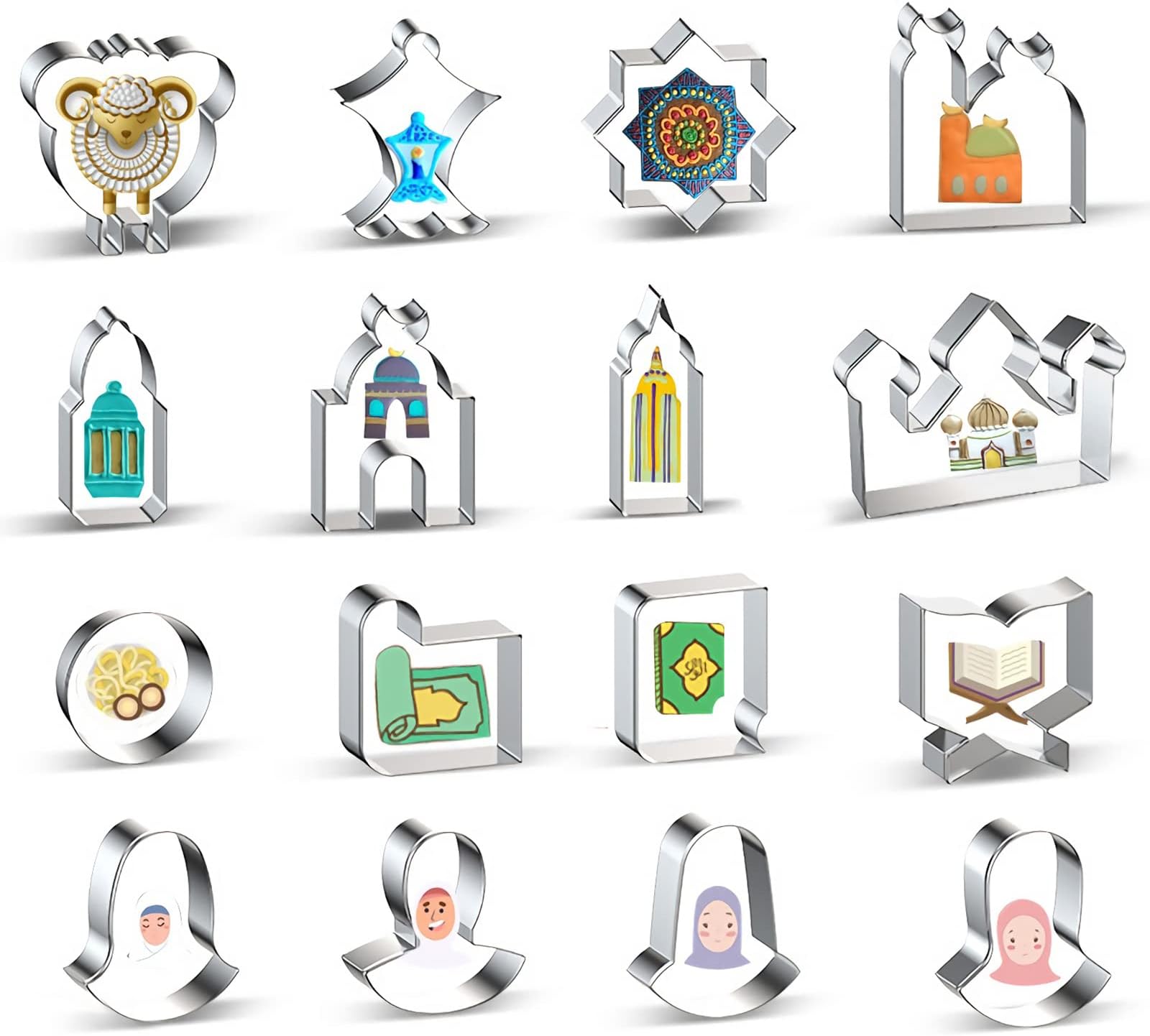 Eid Mubarak Ramadan Cookie Cutter - 16 Pieces Sheep Lantern Anise Star Church Plate Prayer Blanket Koran Muslim Men Women Cookie Cutters Shape Set - Stainless Steel Metal Islamic Muslim Biscuit Mold