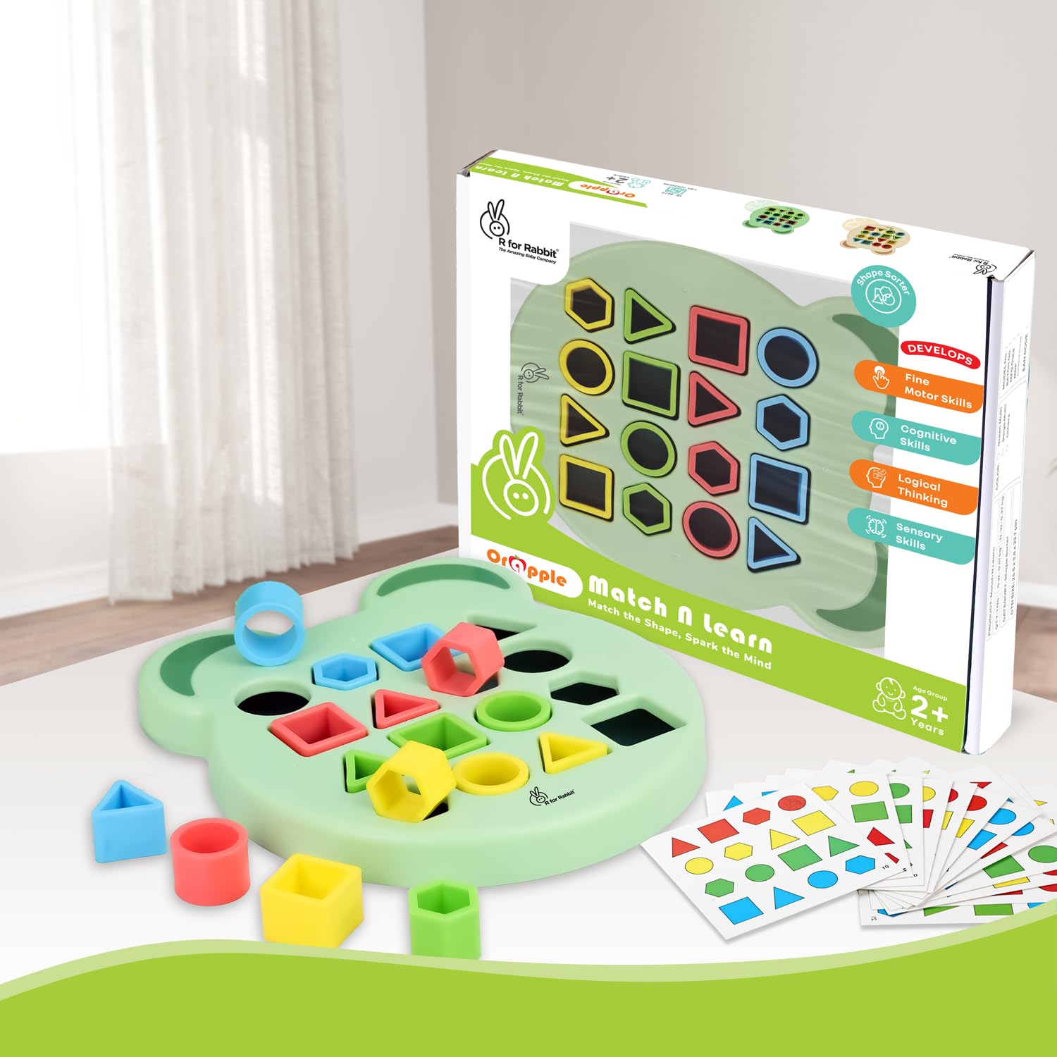 R for Rabbit Orapple Match N Learn Shape Matching Game Toy 12 Activity Cards Kids Color & Geometric Shapes Learning Puzzle 2+ Years for Baby Girls Boys Preschool (Green Multi)-image-24