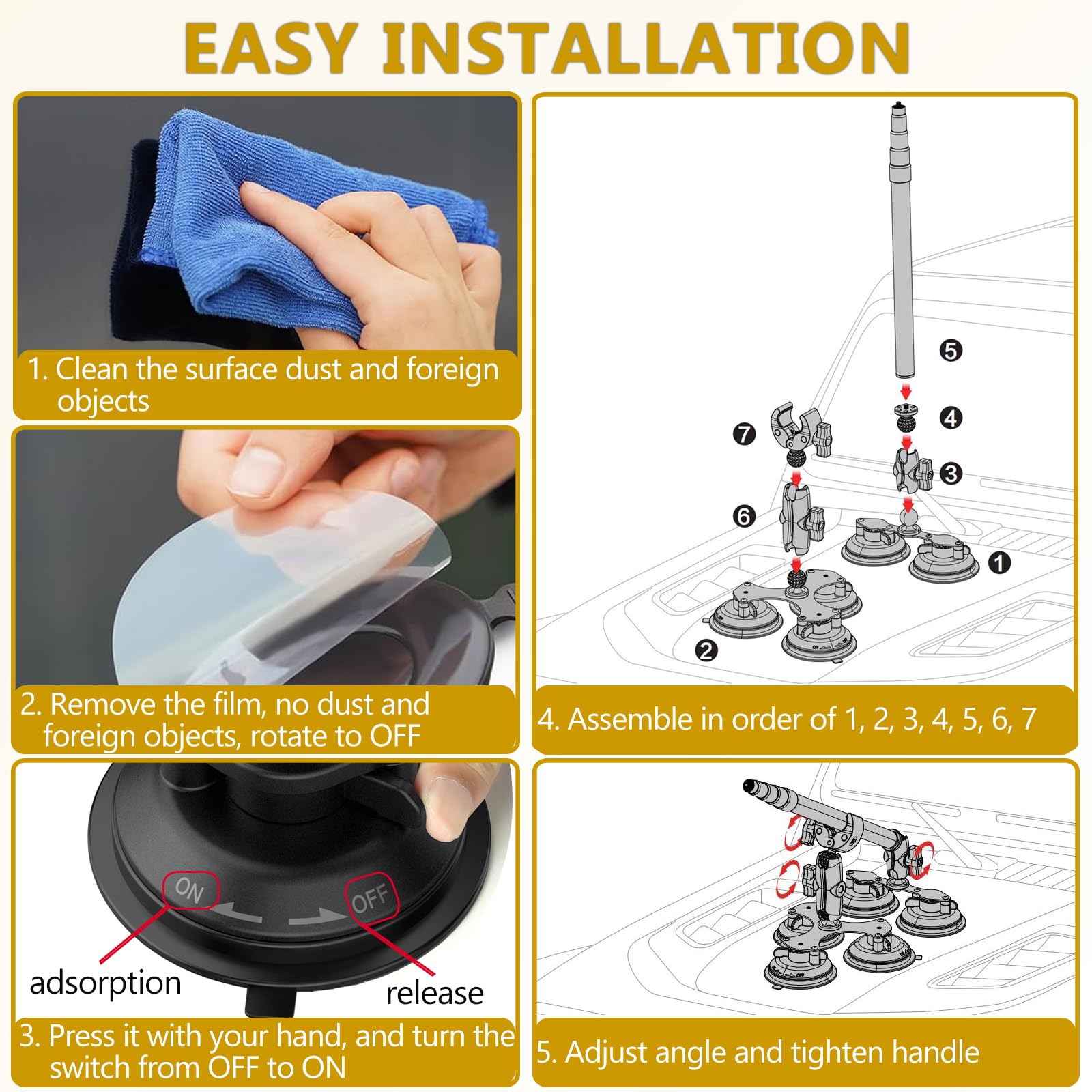 UNSTINCER 5 Ventosa Auto Supporto e Morsetti per Action Cam, 360° Rotativo | met 119 cm Selfie Stick, 1/4" Vite, Camera Attacco per Gopro Insta360 DJI, Car Cruscotto Parabrezza Vetro Tetto Porta Staffa
