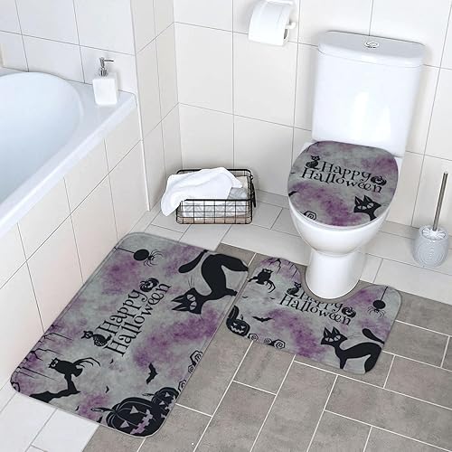 Miniatura 8 de Decoración de Halloween, juego de 3 piezas de alfombras de baño de calabazas, gato negro, murciélagos, alfombra de baño antideslizante, alfombra de