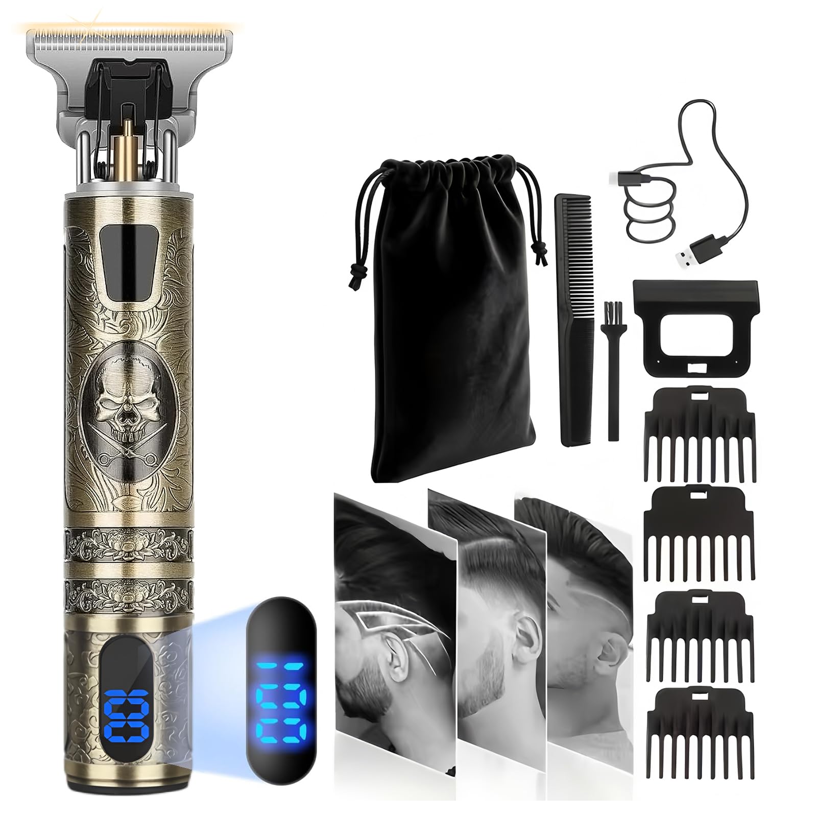 Máquina de Cortar Pelo Profesional Cortapelos Hombre Barba Cuchilla T Zero Gap Recargable USB Impermeable 4 Peine 1.5-4mm