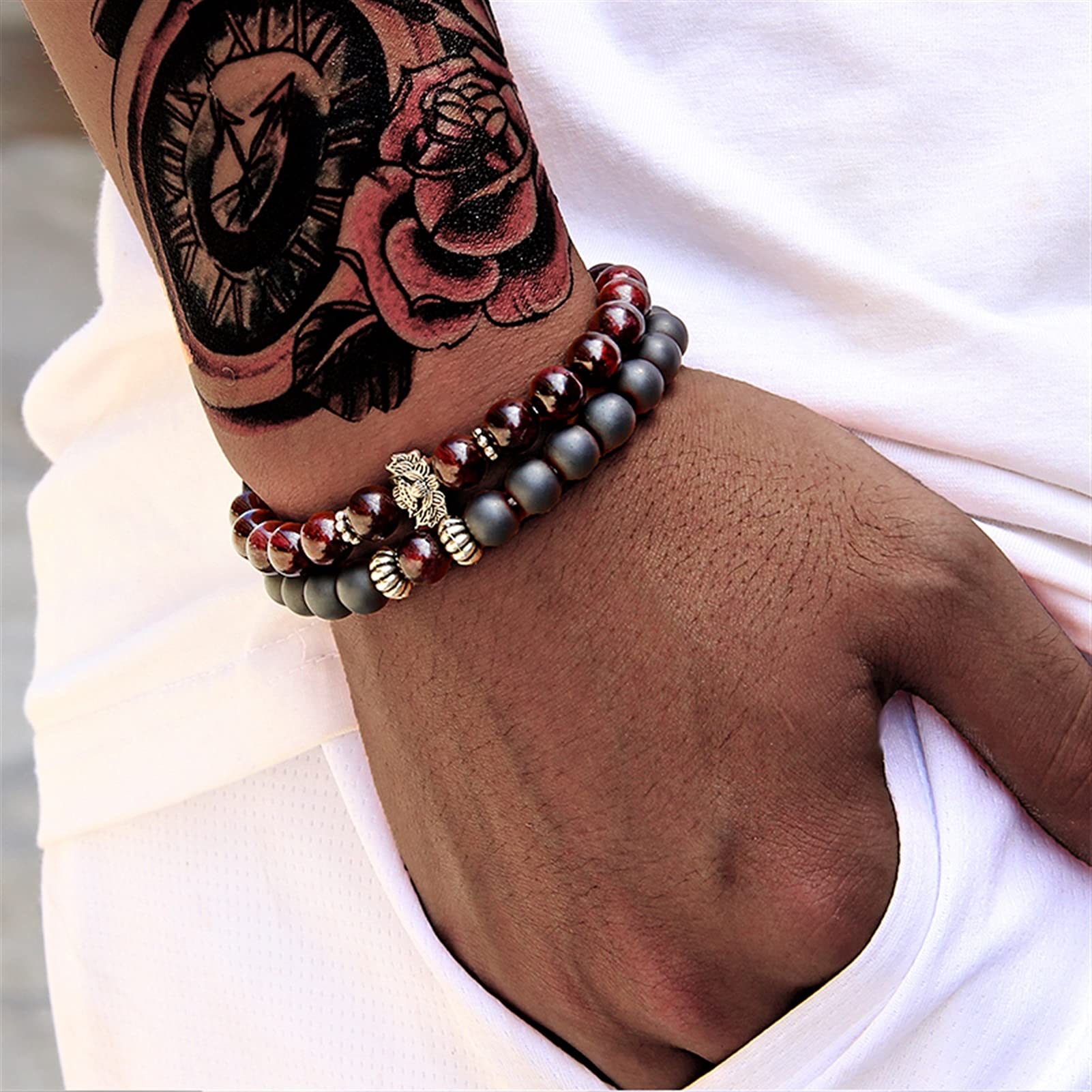 Naturstein-Armband, Herren-Armbänder, natürlicher Granat-Perlen-Armband für Frauen, rotes Stein-Armband, versilbert, Yoga-Balance, Paar-Schmuck, Geschenk, Armband-Schmuck