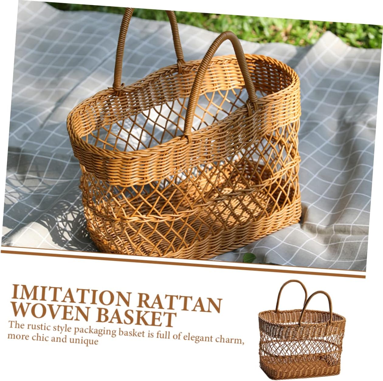 SOLUSTRE Portable Picnic Basket Imitation Rattan Woven Storage Basket for Camping Household Use Lightweight Rustic Style Food Carrier for Outdoor Activities