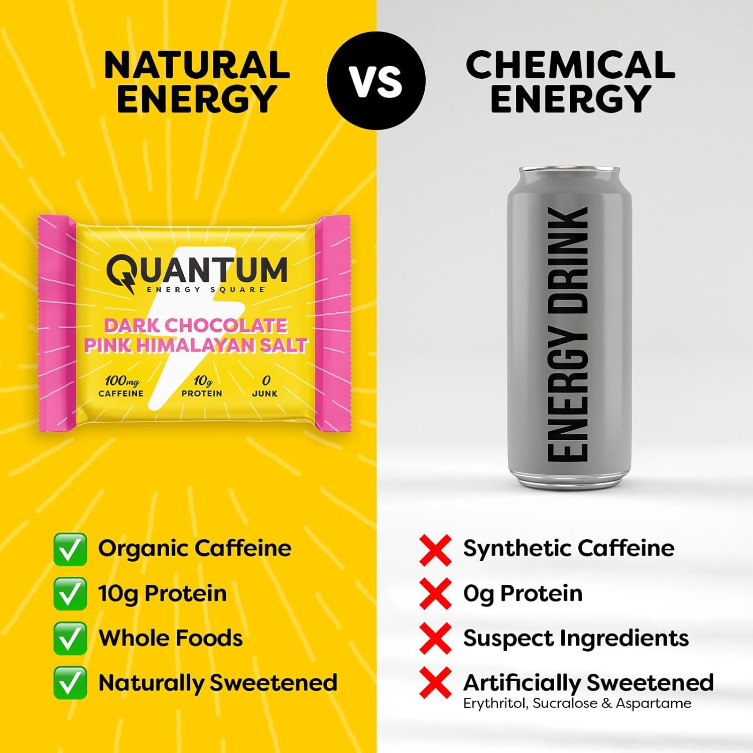 Quantum Energy Square: Energy Bar with Caffeine & 10g Protein. Delicious Healthy Snack On The Go. (Vegan, Gluten-free, Soy-free, Dairy-free) (Variety 12-Pack)