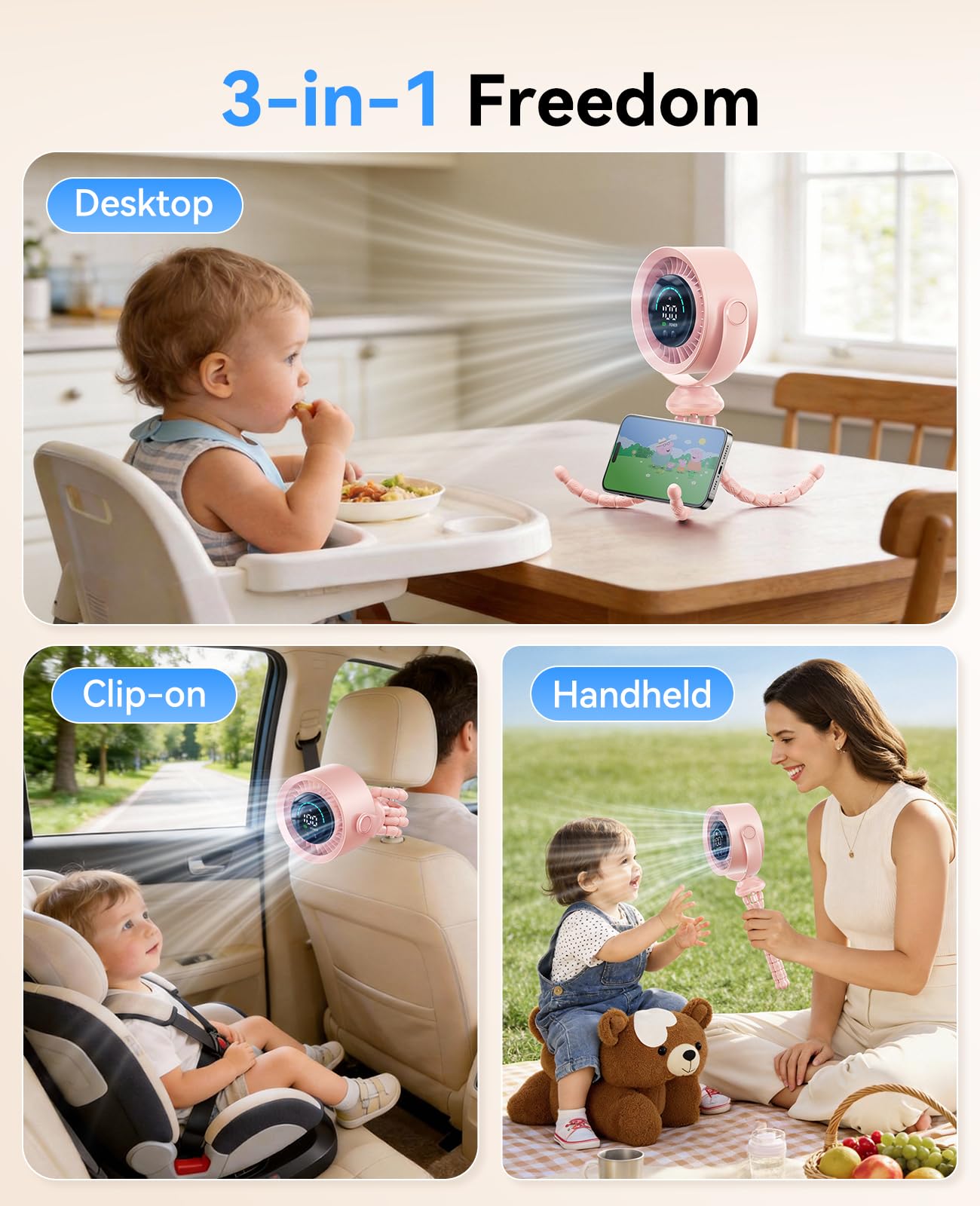 KIMMOO Ventilateur de poussette portable 3 en 1 rechargeable pour poussette avec 100 vitesses, flux d'air turbo, ventilateur réglable à 360 °, silencieux et sûr à clipser pour berceau, siège de