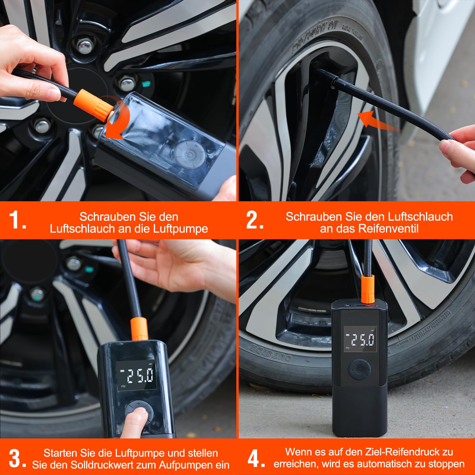 Luftpumpe 150PSI Elektrische Fahrradpumpe Mini Kompressor 12V EasyPump Mit Alle Ventile Autostop Funktion LCD LED Reifenfüller Tragbarer Luftkompressor über USB-C wiederaufladbar Als Powerbank