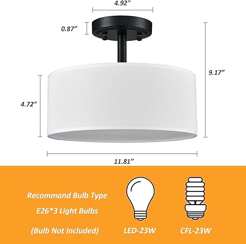 Miniatura 6 de Moderna lámpara de techo negra de montaje al ras, lámpara de techo tipo tambor de montaje al ras, 3 luces, lámpara de techo semiempotrada para