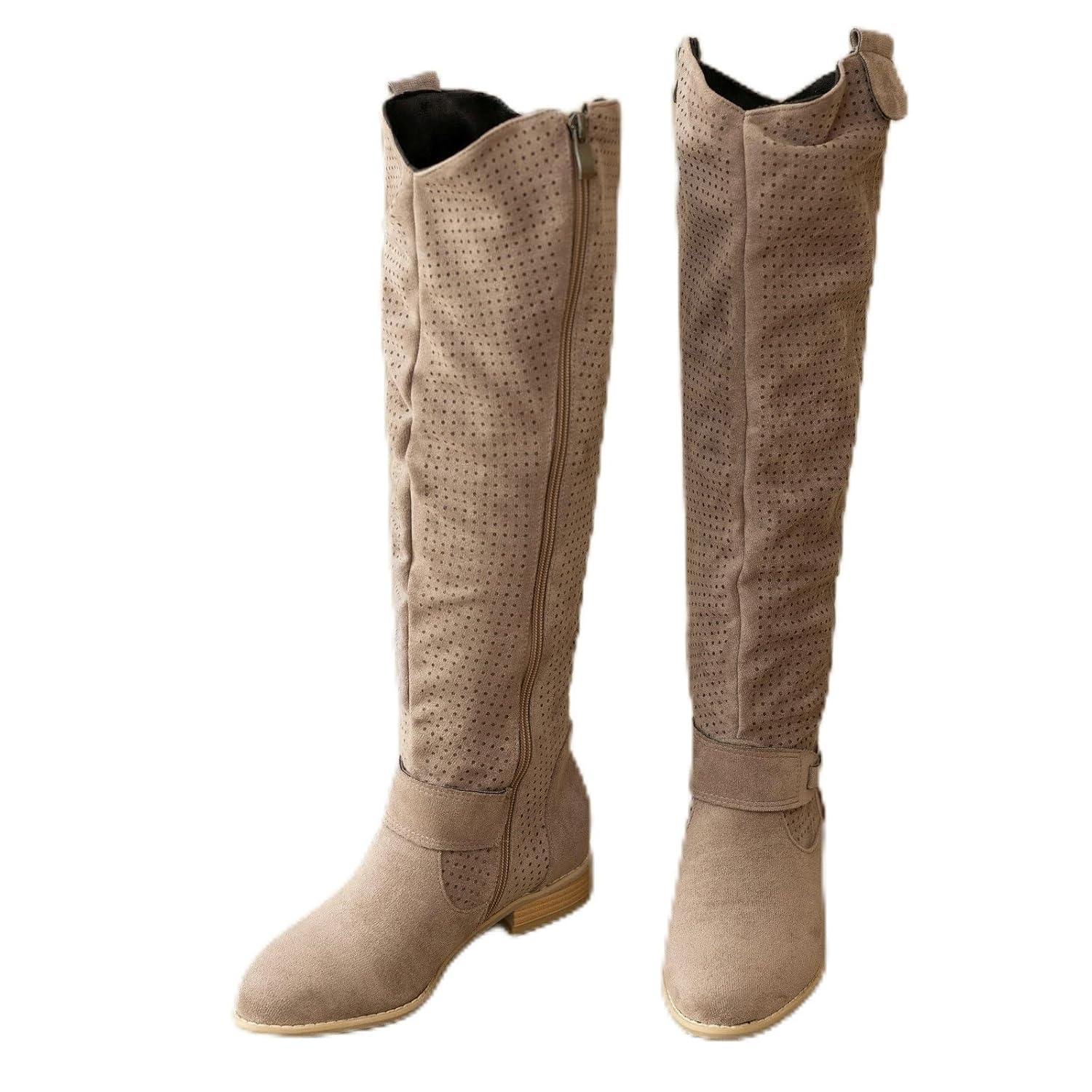 DINTAHA Beige Flat Knee High Cowboy Boots Low Heel Faux Suede Cowgirl Fall Winter Boots