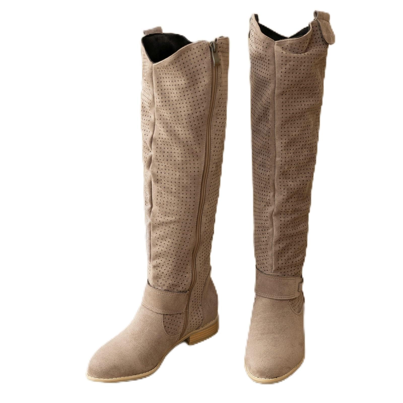 DINTAHA Beige Flat Knee High Cowboy Boots Low Heel Faux Suede Cowgirl Fall Winter Boots