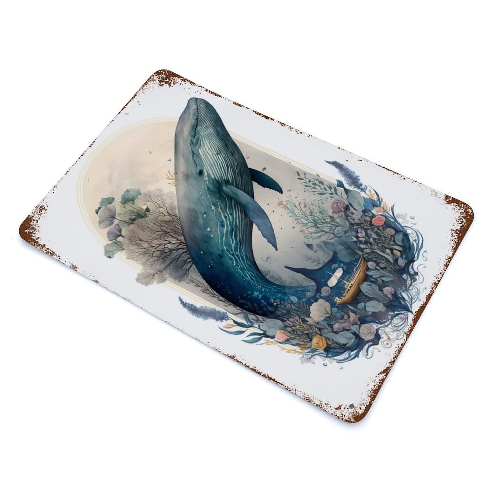 Garage Style Whale Enchanted Forest Aged Metal Wall Plaque 11.8"x7.9", Farmhouse Wall Decor for Bar And Workshop