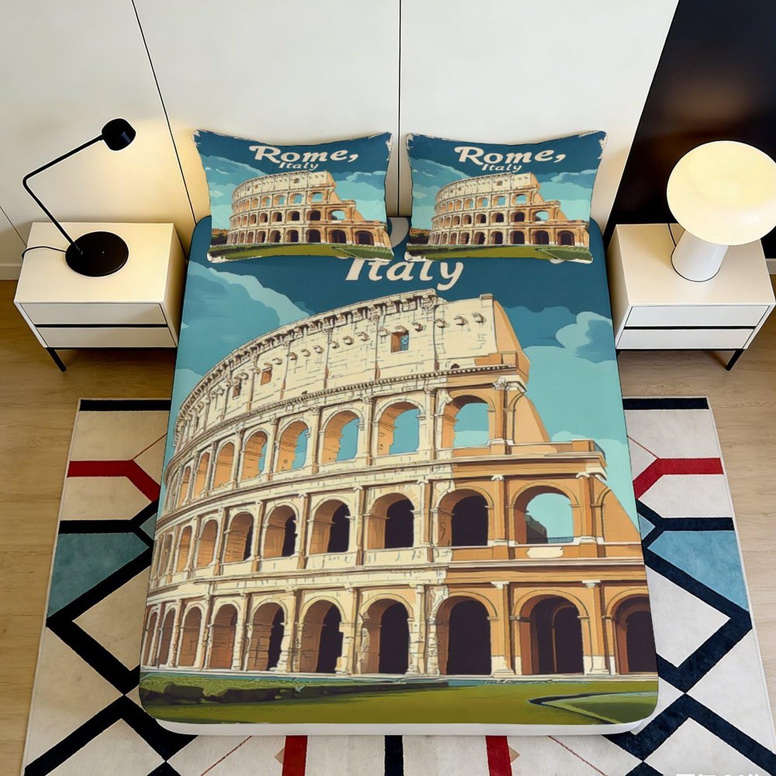 3D Printed Rome Colosseum Fitted Sheet Microfiber Anti-Slip Mattress Cover Italy Landmark Bedroom Decor 160x200x25cm