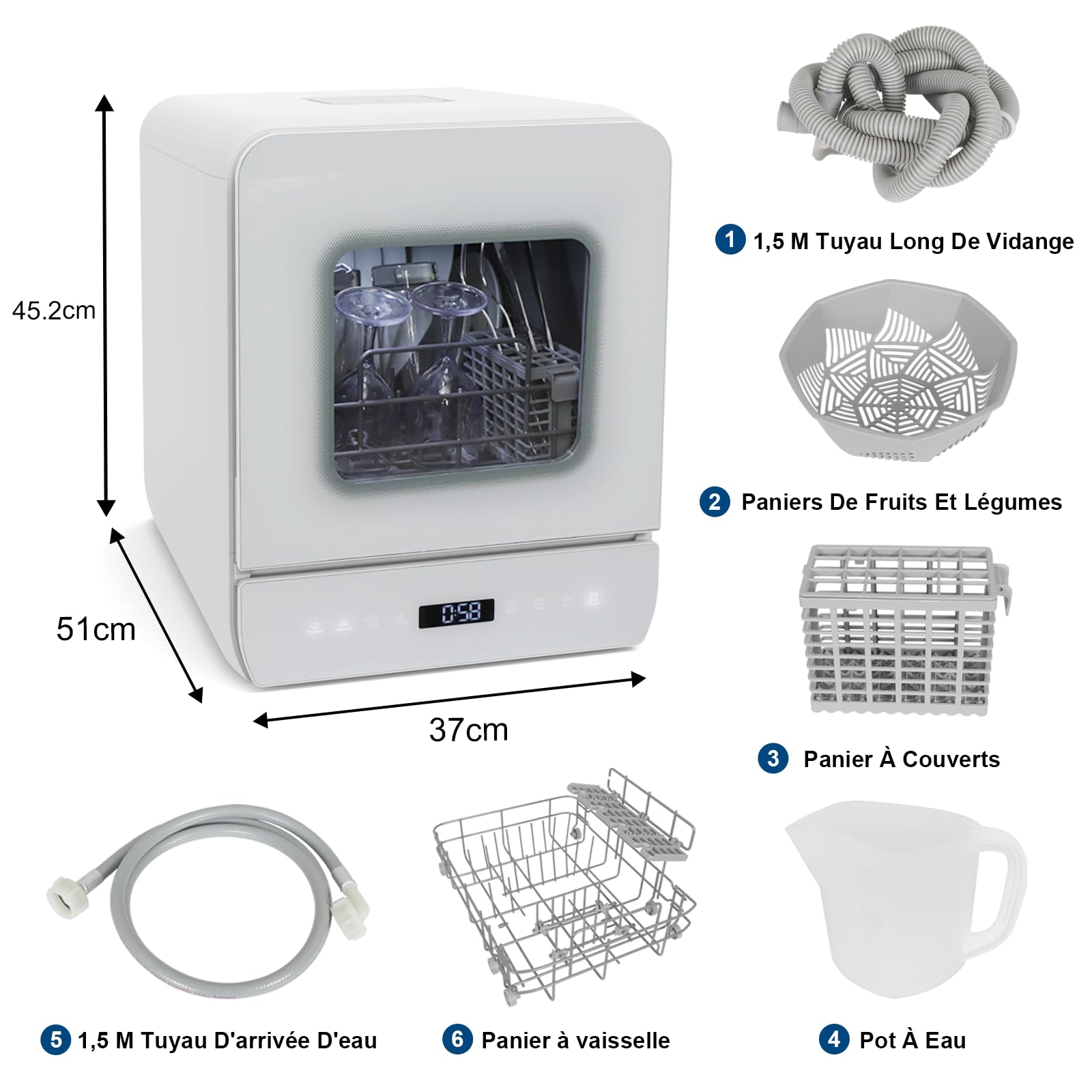 YU YUSING Mini Lave-vaisselle Compact 7 Programmes 37cm, Portable 3 Couverts, Réservoir 4.8L, Écran LED