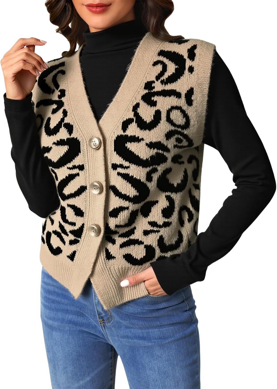 Women's Leopard Print Sweater Vest Button Down V Neck Sleeveless Knit Dressy Casual Vest Top