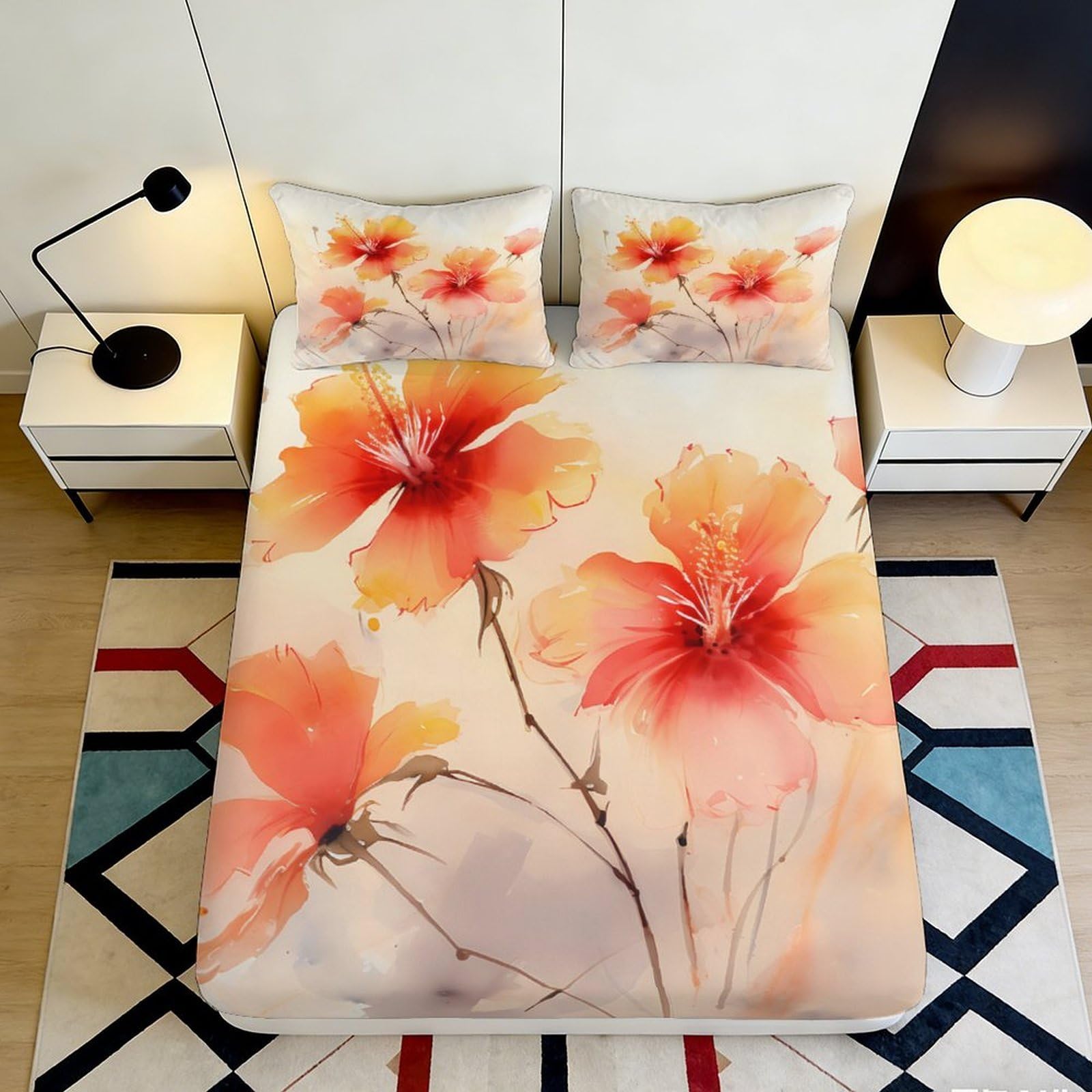 3D Printed Watercolor Floral Fitted Sheet Microfiber Soft Peach Blossom Bed Sheet for Bedroom Guest Room Decor 90x200x25cm