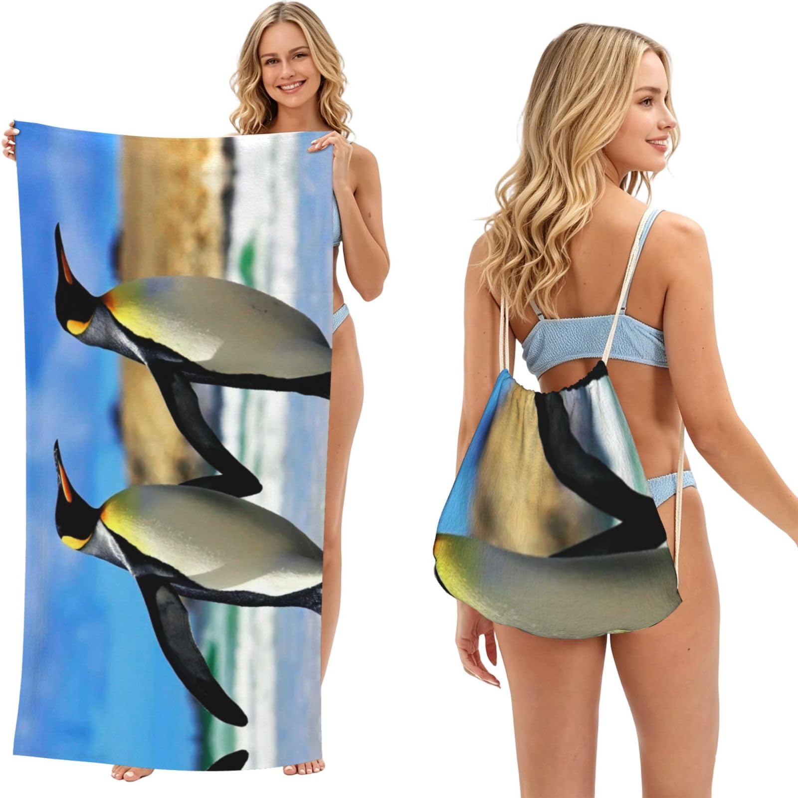 SATUSA Cute Penguin Print 2-In-1 Foldable Beach Towel Backpack â€“ Camping, Yoga And Travel,Bath Towel With Built-In Storage, Convertible Beach Mat & Carry Bag