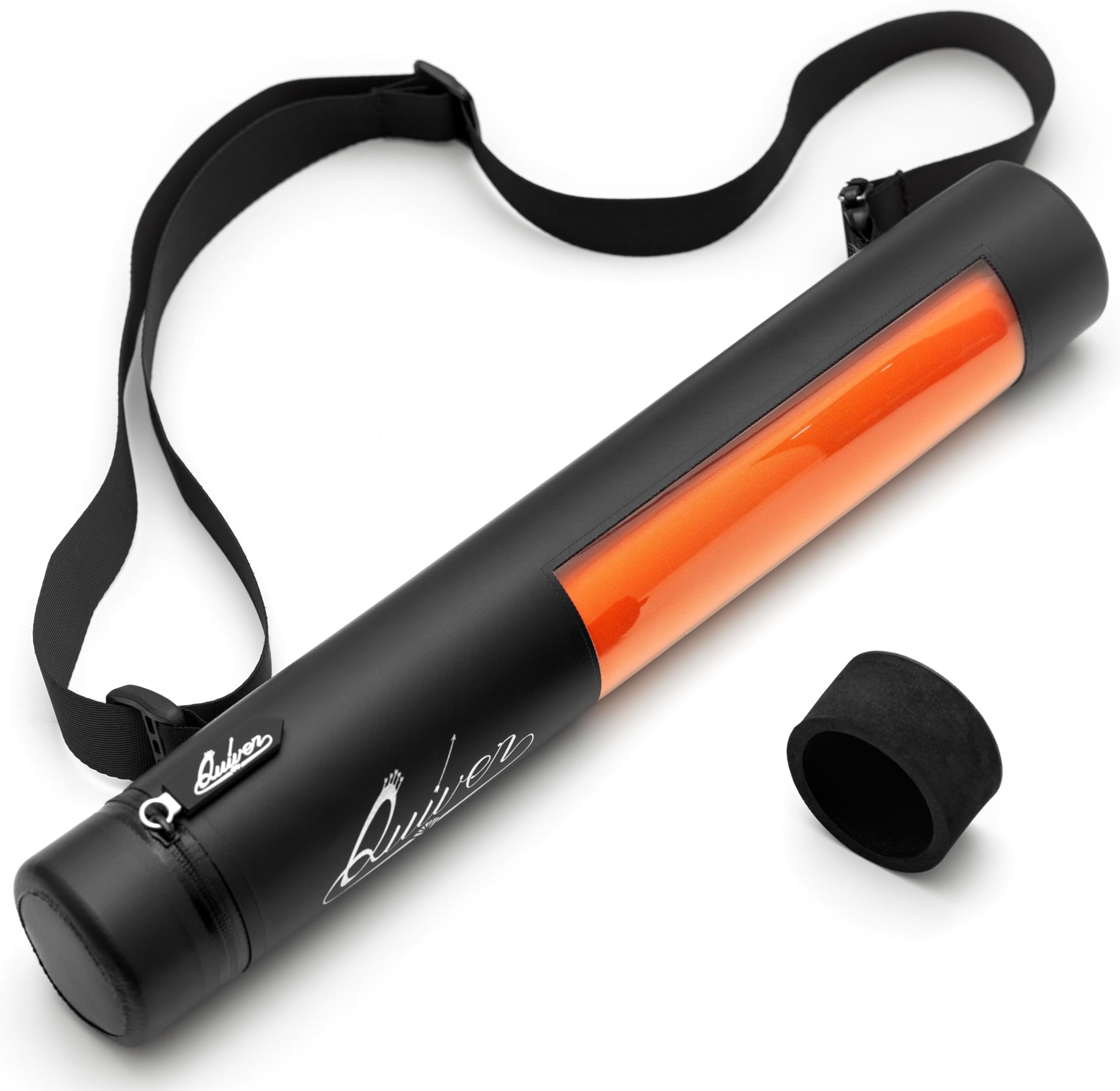Quiver Time Black XL Orion Playmat Tube - TCG MTG Playmat Tube Case with Waterproof Zipper, Hidden Dice Pocket, Adjustable Removable Shoulder Strap, See-Through Window, Fits 14" and 15" playmats