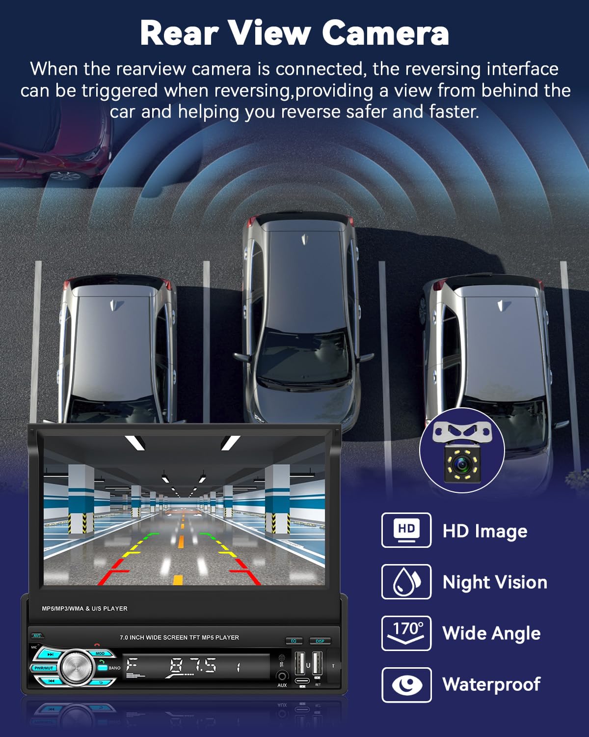Autoradio 1Din Wireless Carplay Android Auto mit Ausfahrbarem 7" Bildschirm Autoradio Stereo mit Bluetooth-Freisprecheinrichtung USB Typ-C Schnittstelle AUX FM RDS Mirror Link Rückfahrkamera
