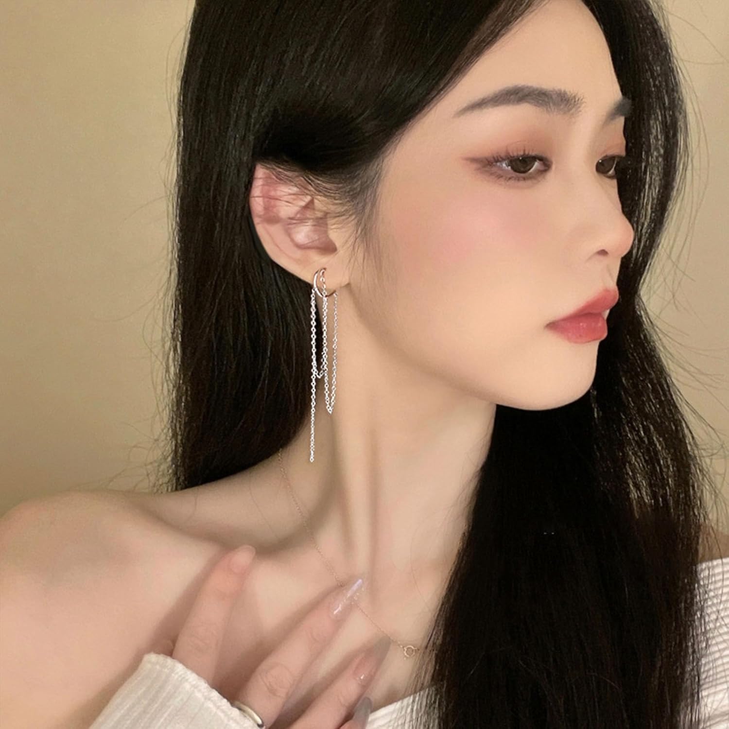 Long Silver Chain Threader Earrings Tassel Dangle Earrings Jewelry for Women - Image 3