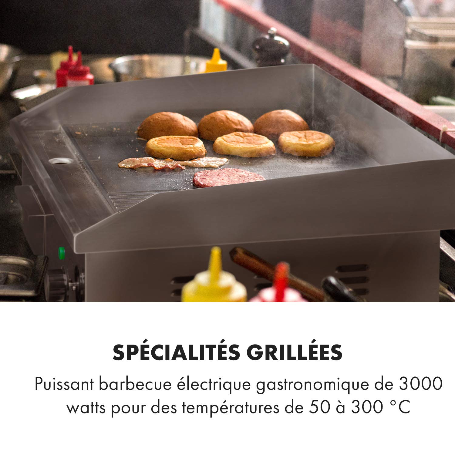 Klarstein Griglia elettrica, piastra per barbecue, griglia elettrica, griglia da tavolo, griglia elettrica in acciaio inox, paraspruzzi e contenitore di raccolta, ⅔ liscia e ⅓ scanalata XL: superficie