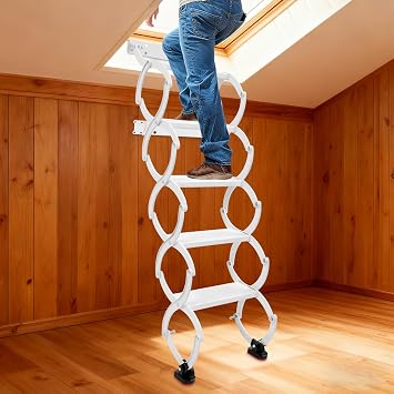 5 Steps Wall Mounted Folding Ladder, Attic Ladder Pull Down System, Telescoping Step Ladders, Retractable Folding Stair for Loft, Garage, Basement, Warehouse, 440 lbs Load Capacity, White