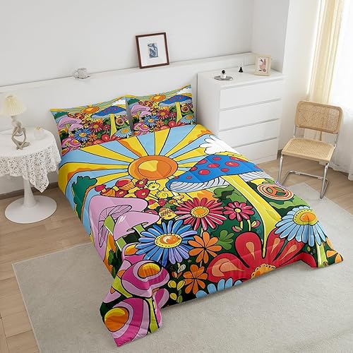 Miniatura 4 de Juego de edredón Kawaii de hongos, tamaño Queen, bohemio, juego de ropa de cama con estampado floral hippie y groovy, juego de ropa de cama y juegos