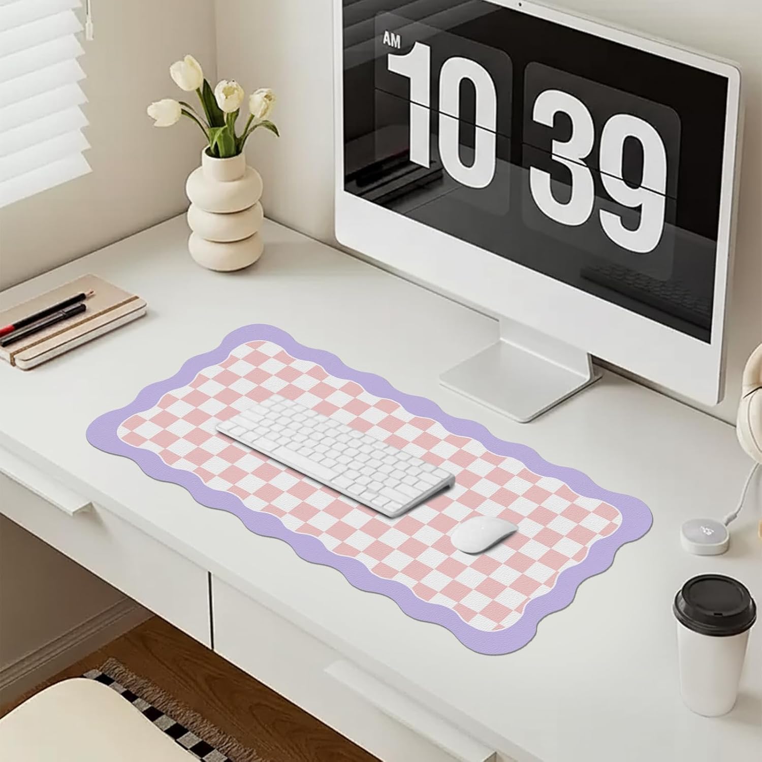 Idocolors Cute Desk Mat for Keyboard and Mouse, Large Scalloped Desktop Mat, Washable Non-Slip Computer Desk Mouse Pad for Office Home 31.5"x15.7", Pink Checkerboard
