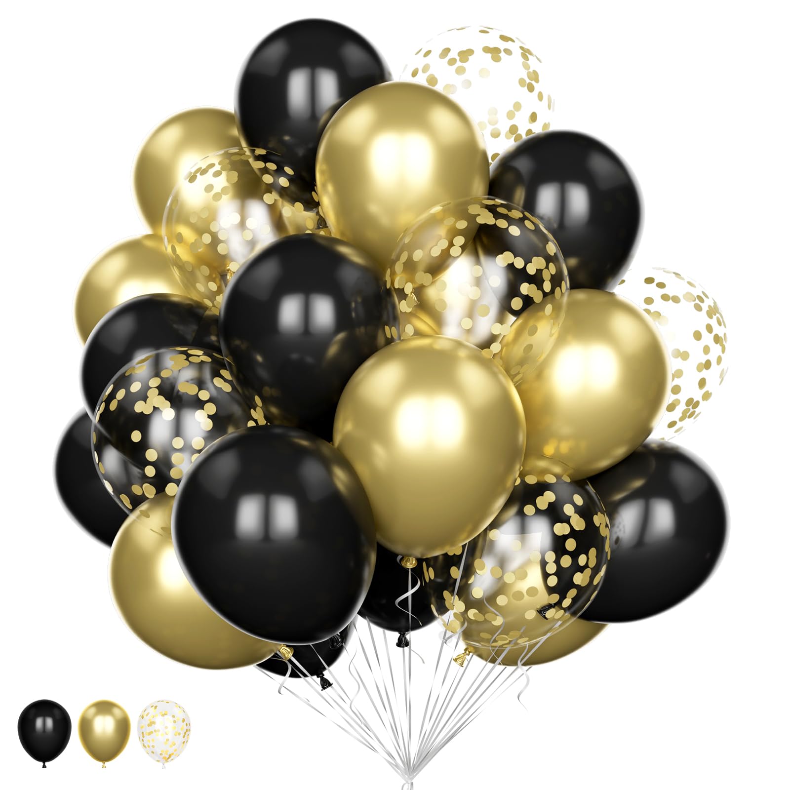 Black and Gold Chrome Confetti and Latex Helium Balloons Set - 20Pcs 12 Inch Pack for Birthday, Wedding, Anniversary, Graduation, Baby Shower Party Decorations