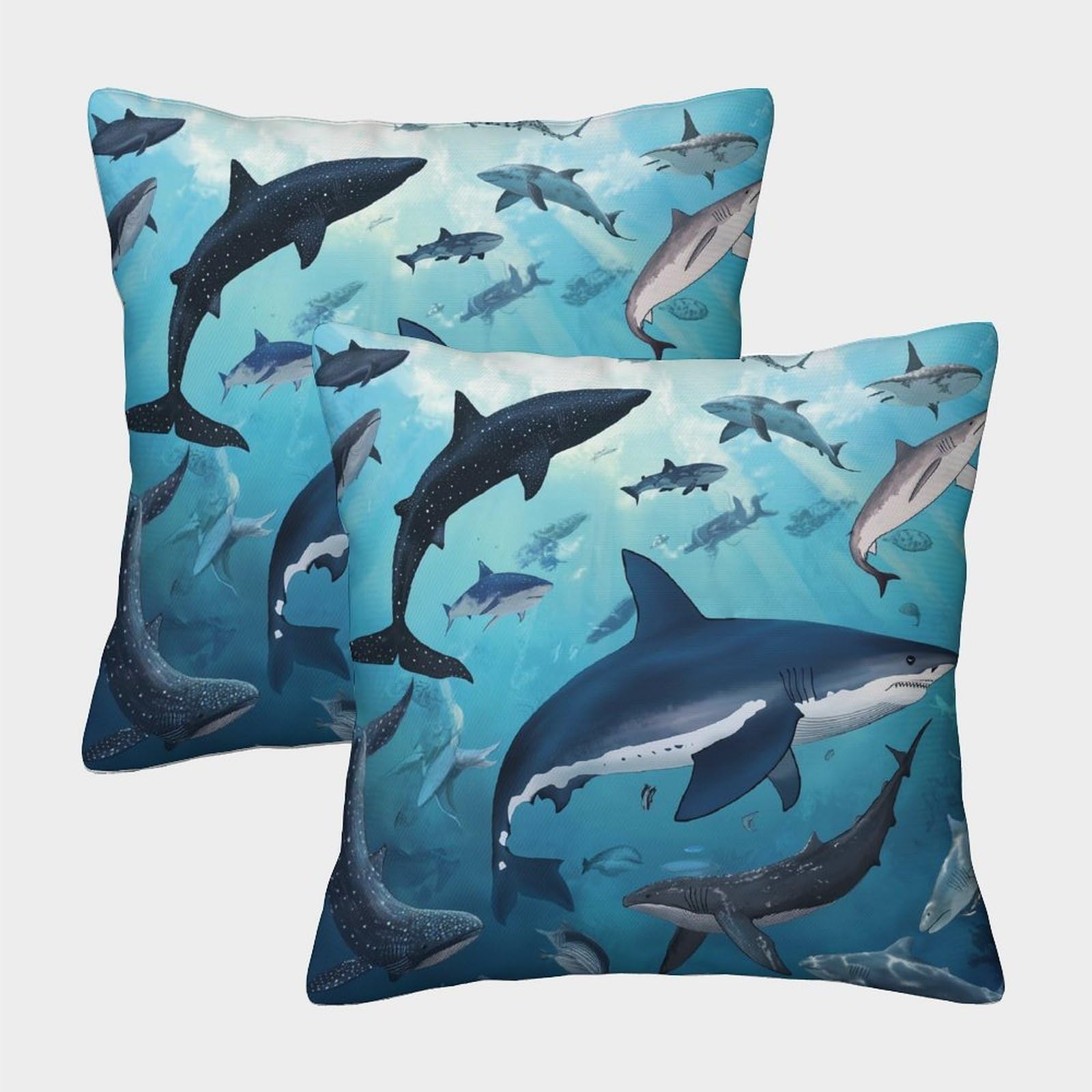 kaiyun 2 Pack 3D Sharks And Whales Theme Square Cushion Cover Decoration Underwater Animals Pillow Cover Suitable for Home Sofa Bedroom Living Room 50x50cm