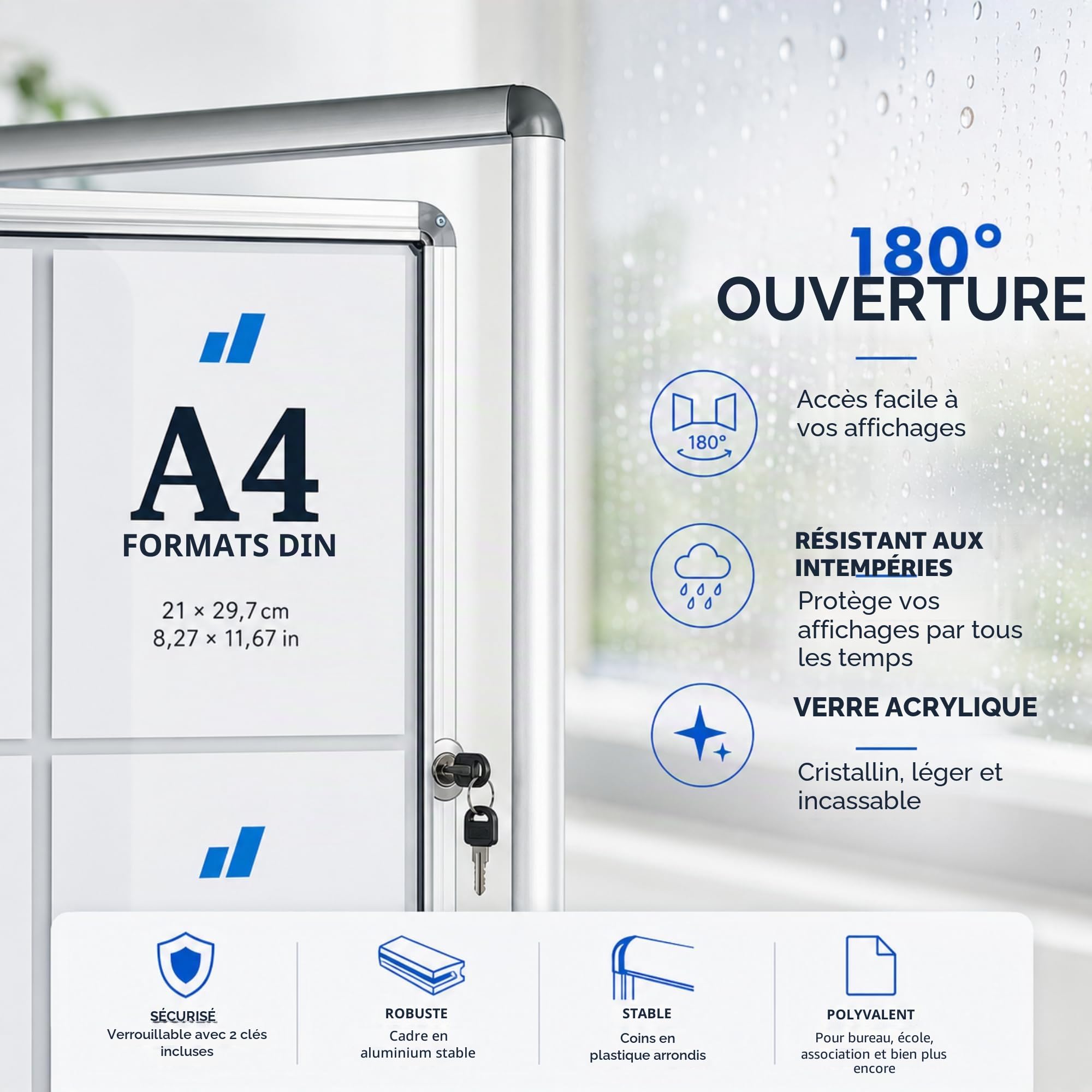 Floordirekt | Panneau d'affichage en aluminuim, vitrine d'affichage avec serrure à clé | Panneau arrière magnétique - Porte avec serrure - Cadre en aluminium | 24 aimants inclus| 9 x A4