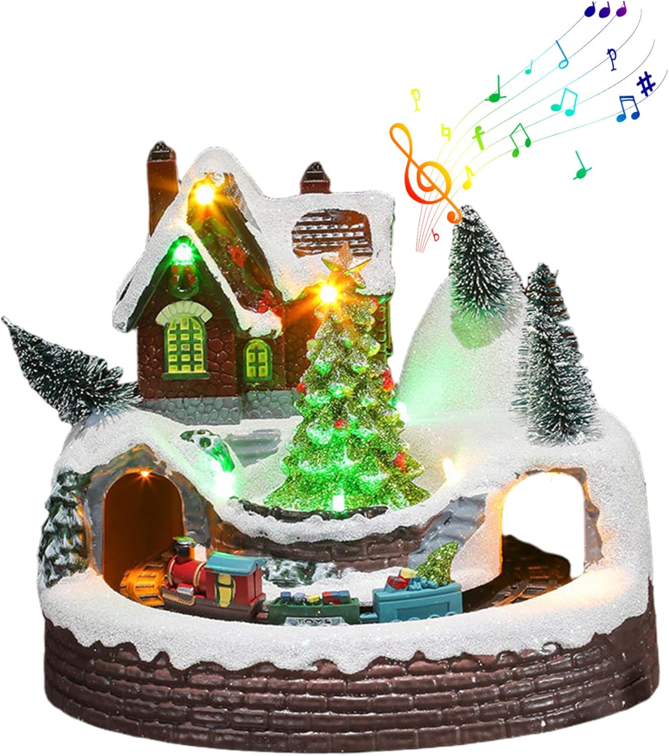 Christmas Village Figurines with Spinning Train and Xmas Tree Resin Christmas Village House with Music & LED Light for Party Home Decor