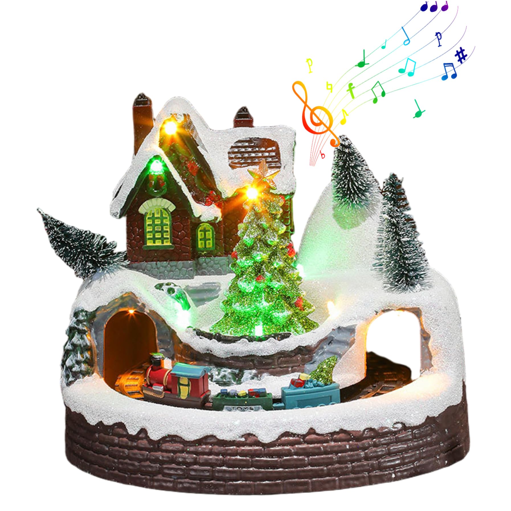 Figurines de Village de Noël avec Train tournant et Arbre Noël, Maison Village en résine avec Musique et lumière LED pour décoration fête, Ensembles
