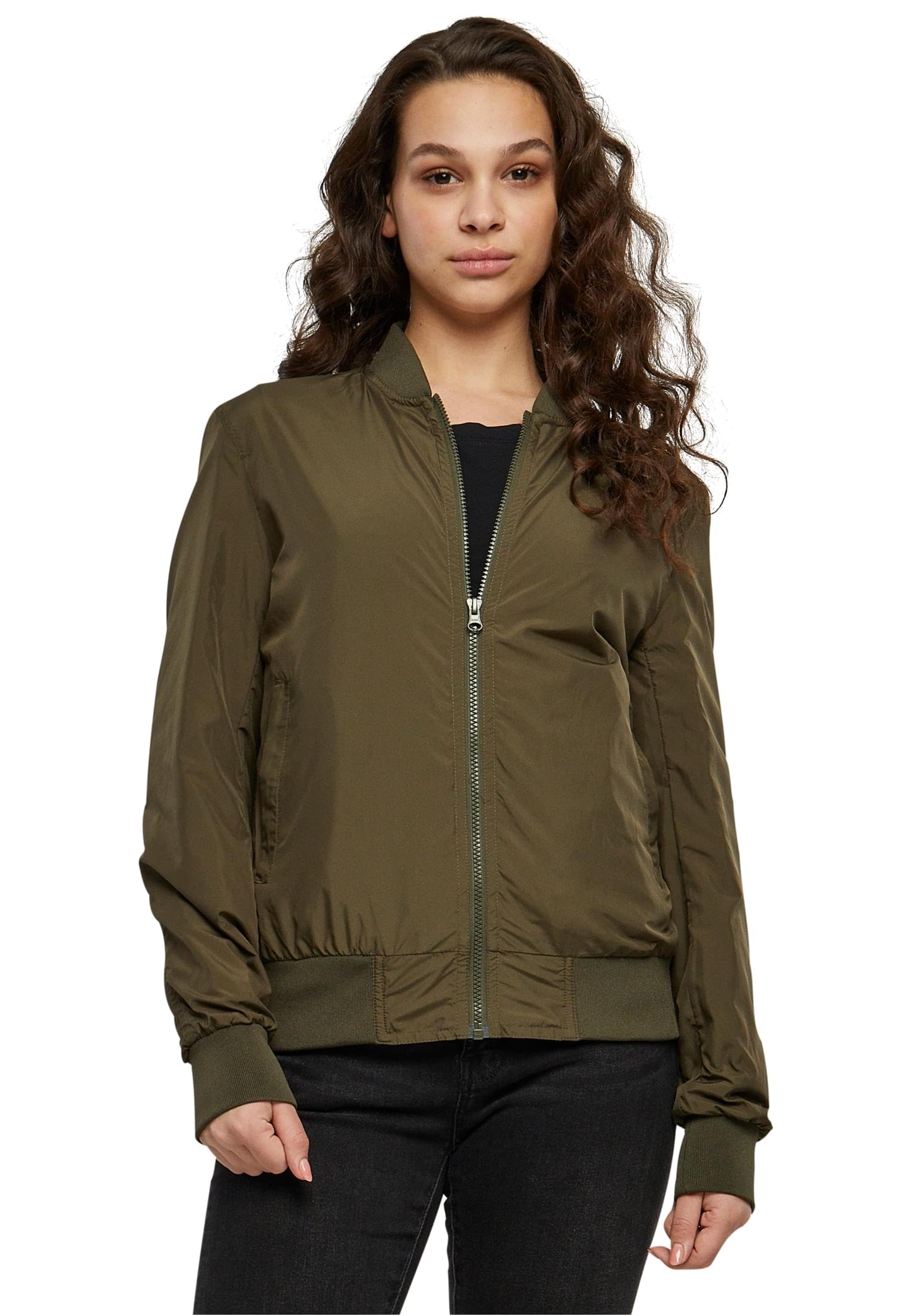 URBAN CLASSICS Women's Light Bomber Jacket with Ribbed Cuffs, Lightweight Flight Jacket for Mid-Season Weather, Longsleeve Jacket with Zipper & Pockets, Colour: Dark Olive, Size: X-Small