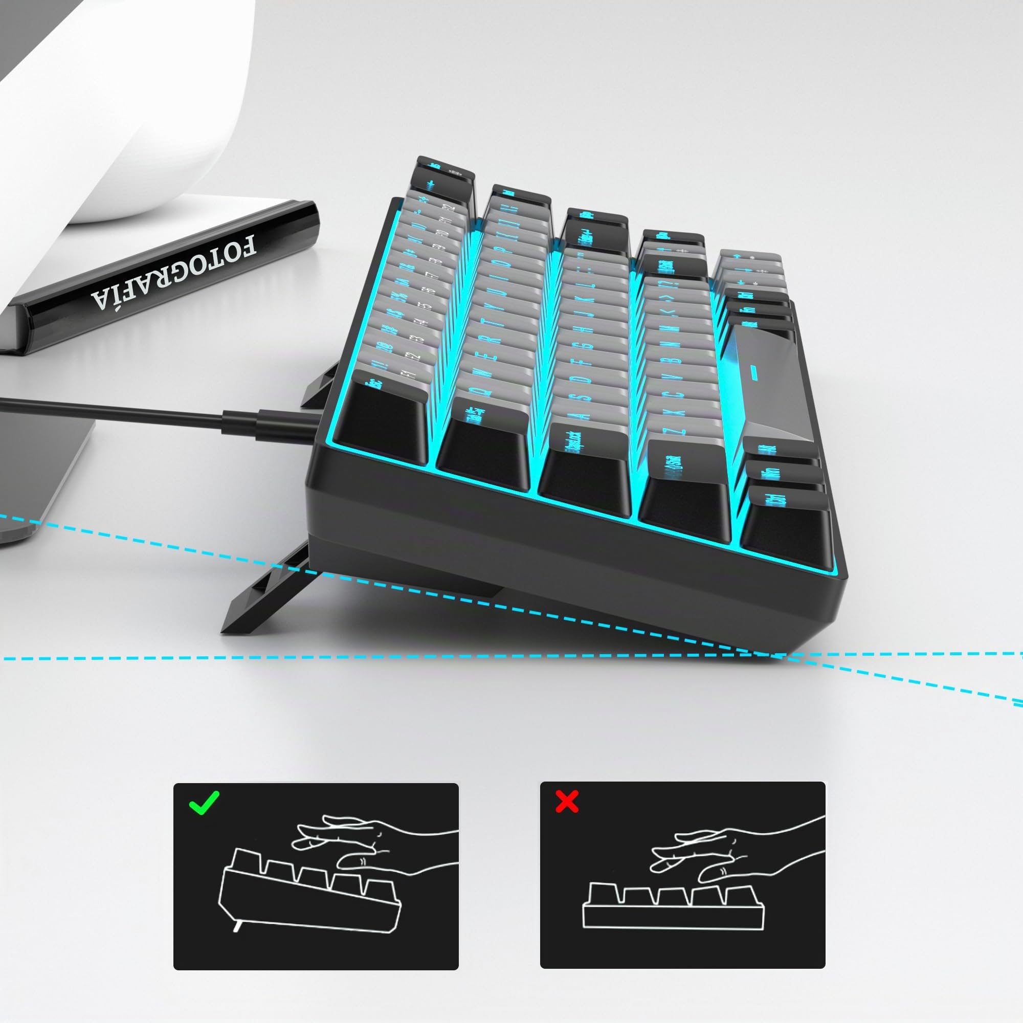 MageGee Teclado mecánico portátil 60%, MK-Box retroiluminado azul hielo, 68 teclas para juegos y oficina con cable, interruptor azul para Windows, laptop, PC, Mac