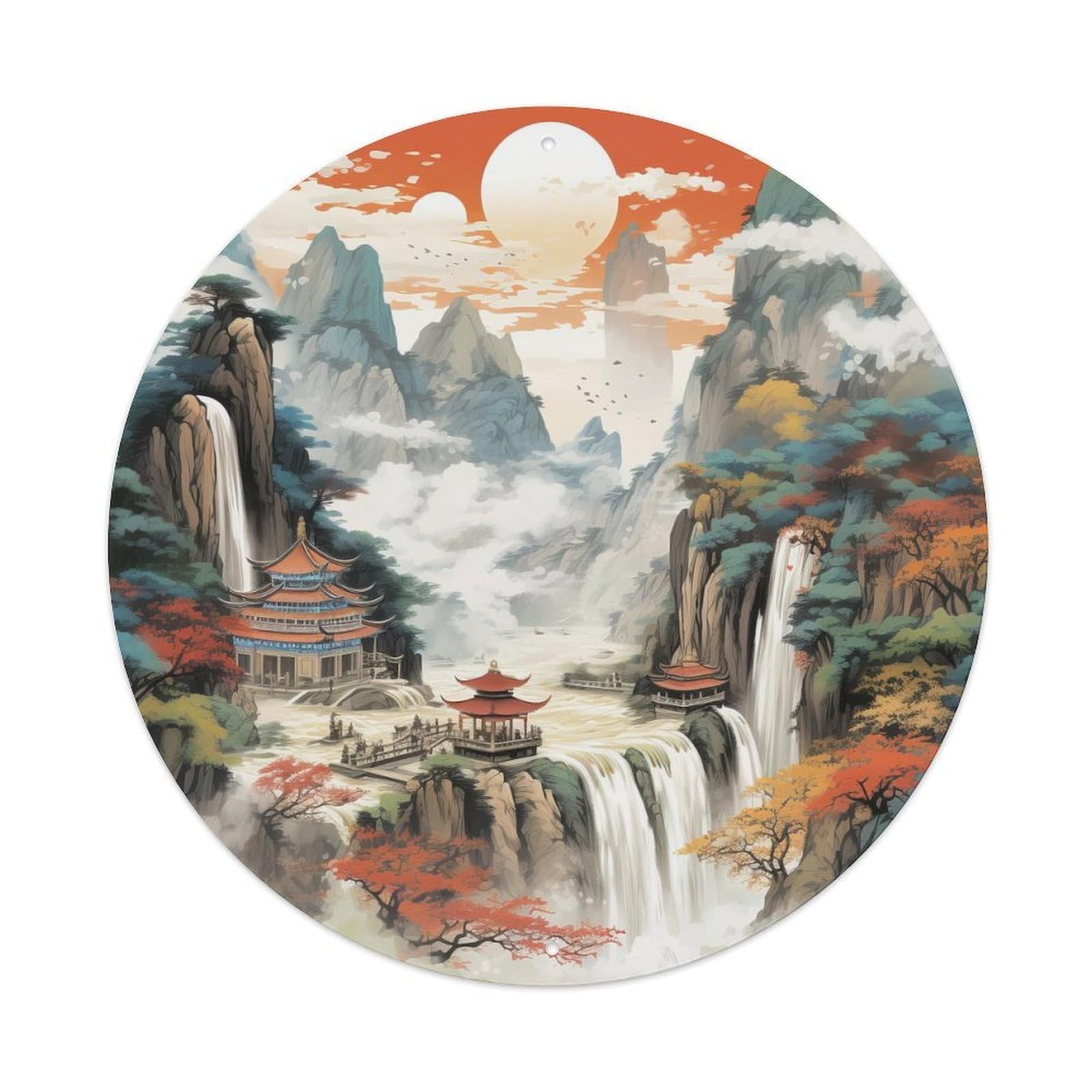 Waterfall Autumn Mountain Waterfall And Pavilion View Vintage Metal Tin Sign