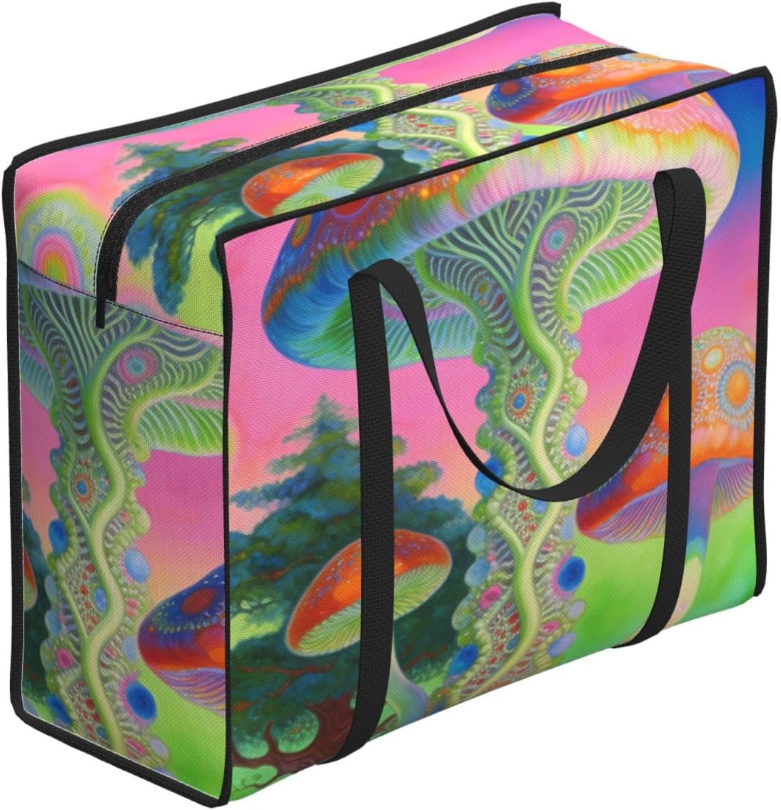 Large Capacity Storage Organizer Bags Green Trippy Mushrooms Painting, Foldable Moving Bags with Zippered Tote Design for Under Bed Storage and Home Organization
