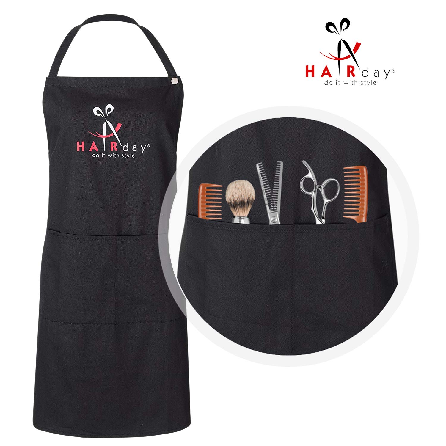 Black Bib Apron With Pockets and Snap Closure – 100% Cotton Reusable and Washable Smock for Hairstylists, Barbers, Salons, Kitchens and More, Adjustable Ties, Men’s and Women’s