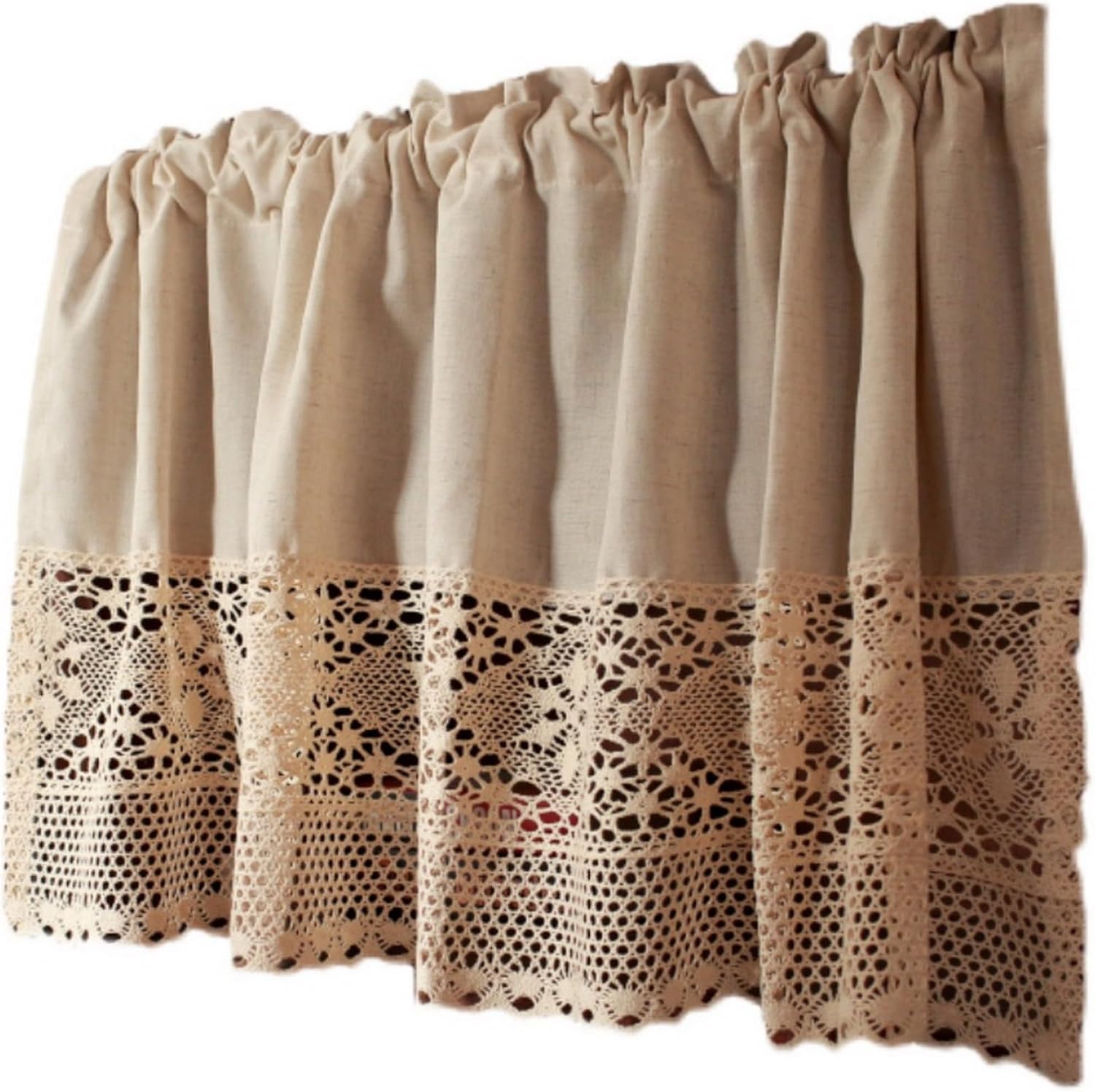 A.Monamour Short Curtain for Small Window - Rustic Beige Cotton Linen Hollow Crochet Lace Semi-Transparent Cabinet Curtain/Drapery for Kitchen & Bedroom