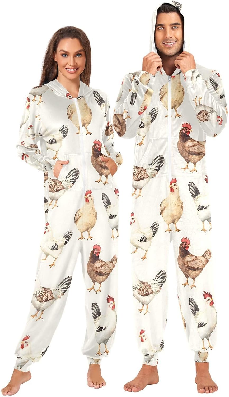 ALAZA Chickens Beige Farm Adult Onesie Pajamas Novelty One Piece Costume Sleepwear Jumpsuits Matching PJS
