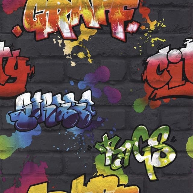 Rasch Wallpaper 237801 Black Brick with Graffiti