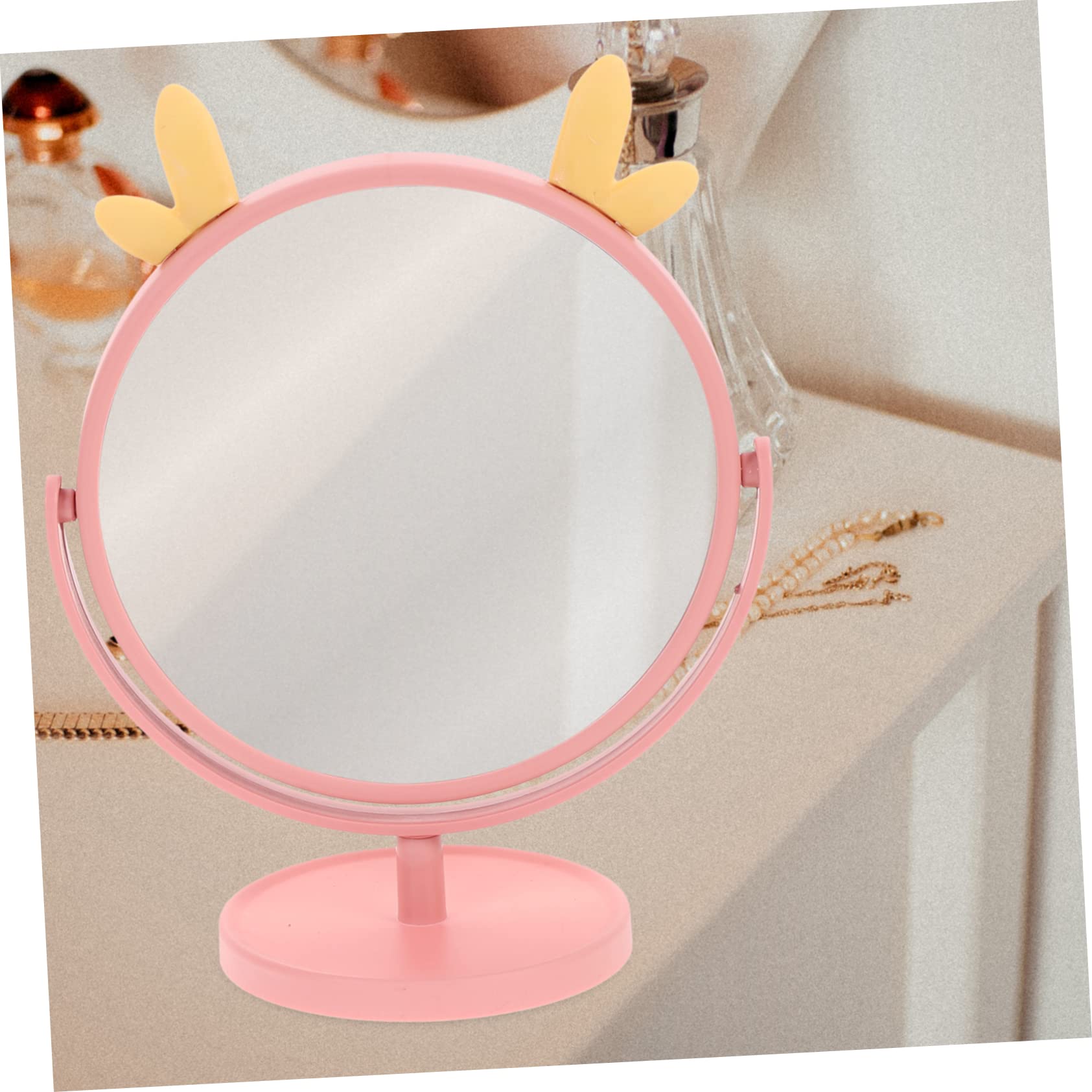 CALLARON 2Pcs Cartoon Design Makeup Mirror Rotatable Table Mirror with Heart and Cat Ears Stylish Cosmetic Desktop Mirror for Dorm Room Home Use and Self Care