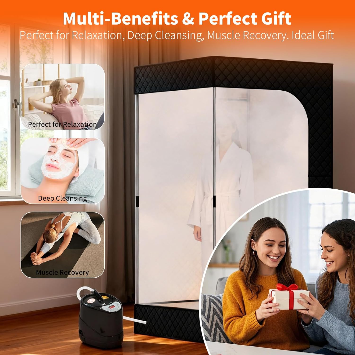 Sauna Box - Portable Sauna for Home with Upgraded 3L 1500W Steamer, Folding Chair and Non-Slip Mat for Relaxation Spa, 5-Layer Insulated & Waterproof Steam Saunas Tent, 3 * 3 * 6ft, Larger (Black)