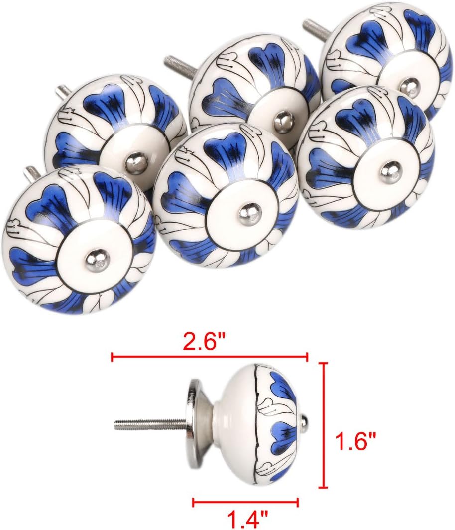 uxcell 6 Pieces Vintage Shabby Knobs Blue and White Floral Hand Painted Ceramic Pumpkin Cupboard Wardrobe Cabinet Drawer Door Handles Pulls Knob, Cattleya