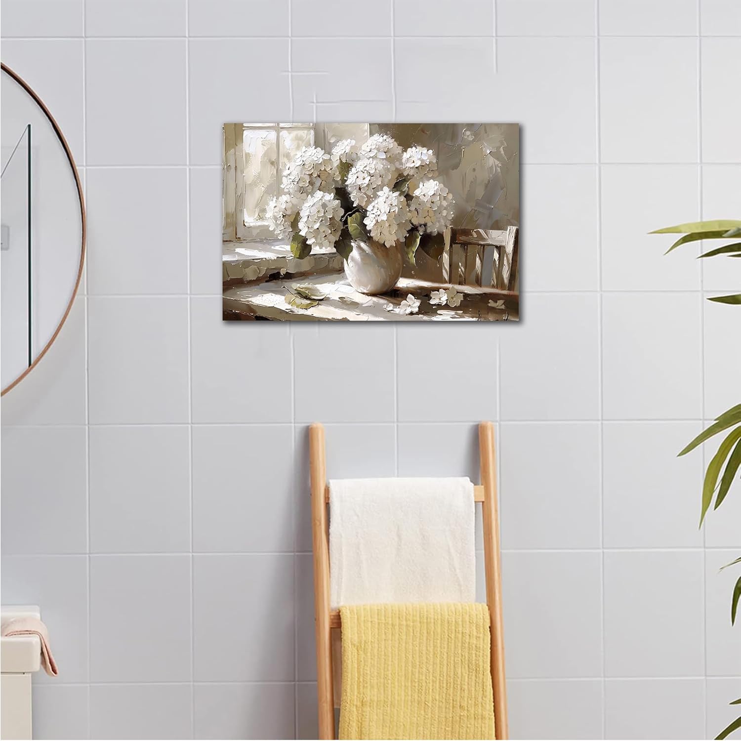 ANRUOXI - Rustic White Hydrangea Flower Canvas Wall Art, French Countryside Floral Bathroom Wall Art Decor, Vintage Hydrangea Flower Window Sill Life Picture Prints Artwork for Bedroom 12x18 Inch