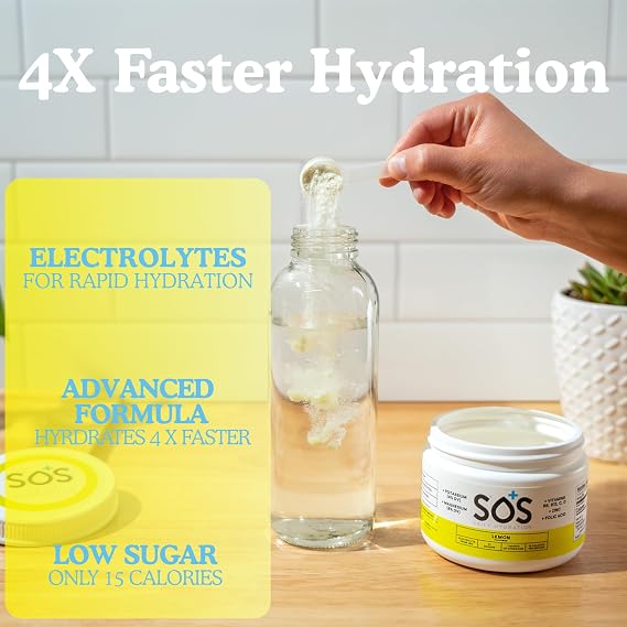 SOS Hydrating Electrolyte Powder (Lemon Flavour - Bulk 31 Servings) Best Fast Acting, Low Calorie Rehydration Sports Drink