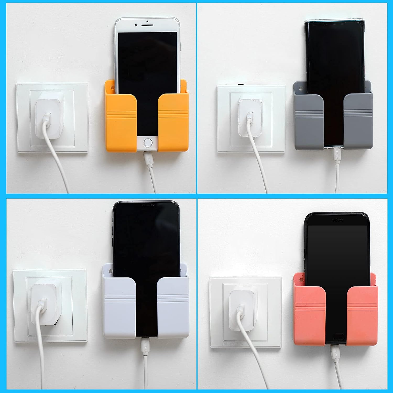 8 Pieces Wall Mount Phone Holder Adhesive Remote Control Storage Box Wall Mount Charging Phone Stand Holder Adhesive Non Slip Media Organizer Storage Box for Bedroom Kitchen Bathroom (Mixed Colors)