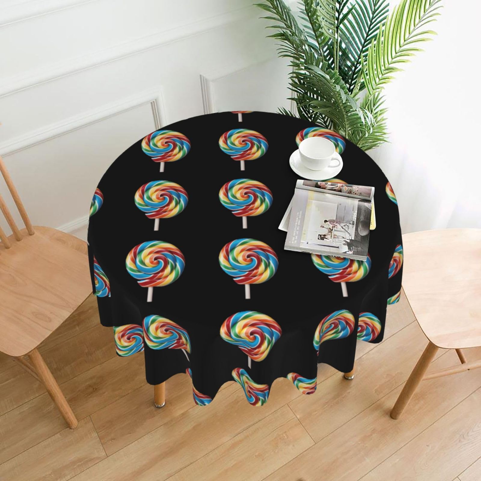 Hjfczh Black Lollipop Prints Round Table Throw 60 Inch - Waterproof Table Cover - Soft & Wrinkle Resistant Decor Layer For Dinners, Parties & Everyday Use